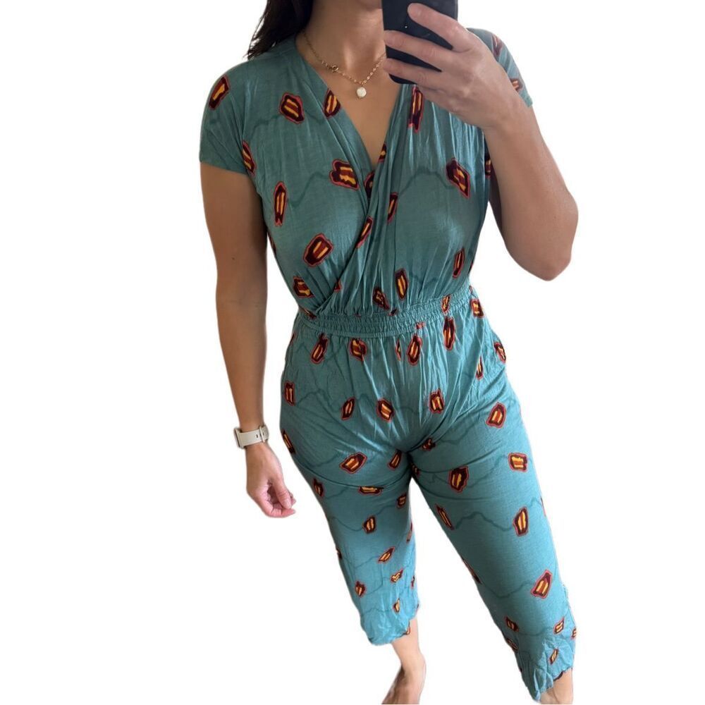 Cache small 80’s romper teal turquoise one piece romper short sleeve v-neck crop